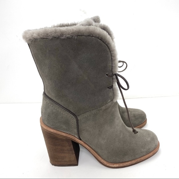 Ugg Jerene Suede Sheepskin Lined Block Heel Boot in Gray S/N 1019692 - Picture 6 of 12